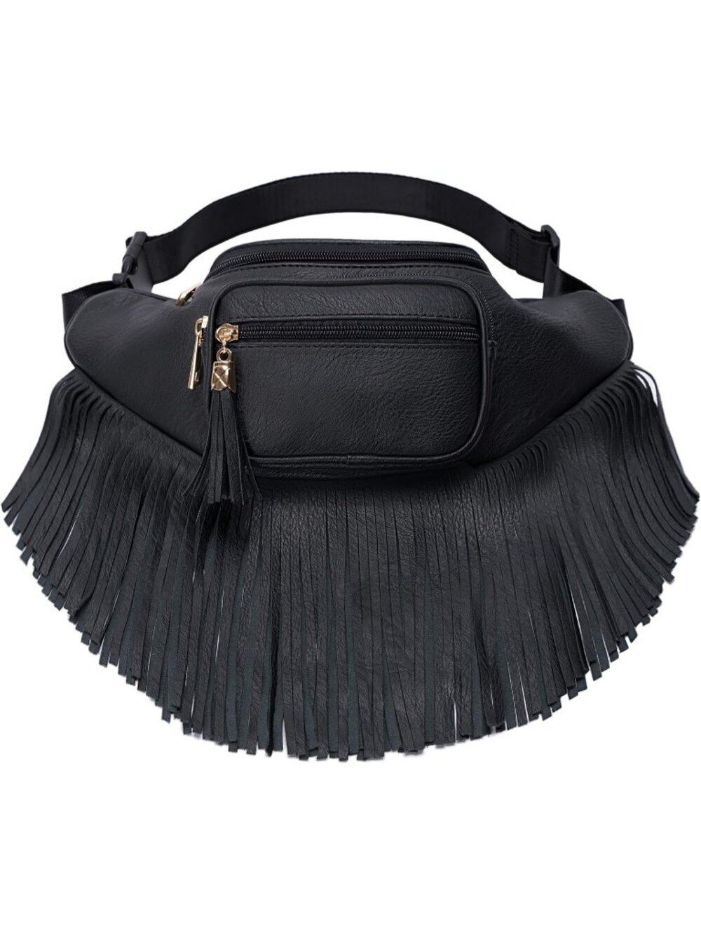 Women's Black Fringe Waist With Multi Zipper Pockets Fanny Pack Travel Bags